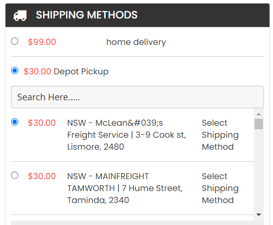 Depot Pickup checkout screenshot